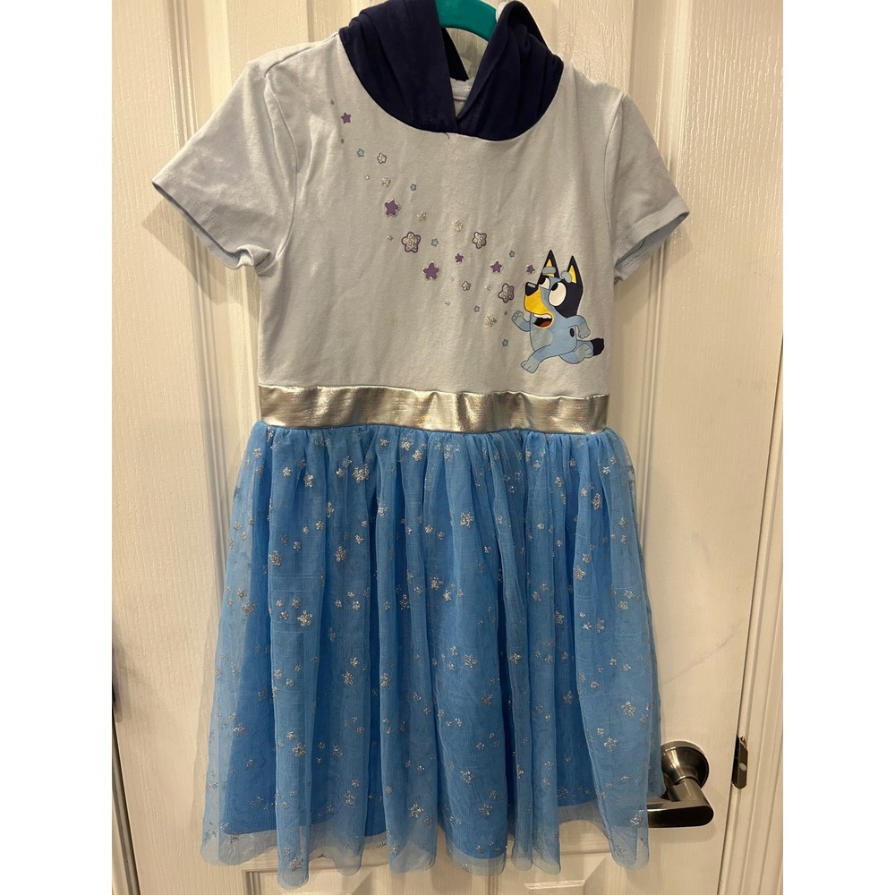 Bluey Hooded Tutu Dress Blue Glitter Star Ears Costume Kids Size 6/7